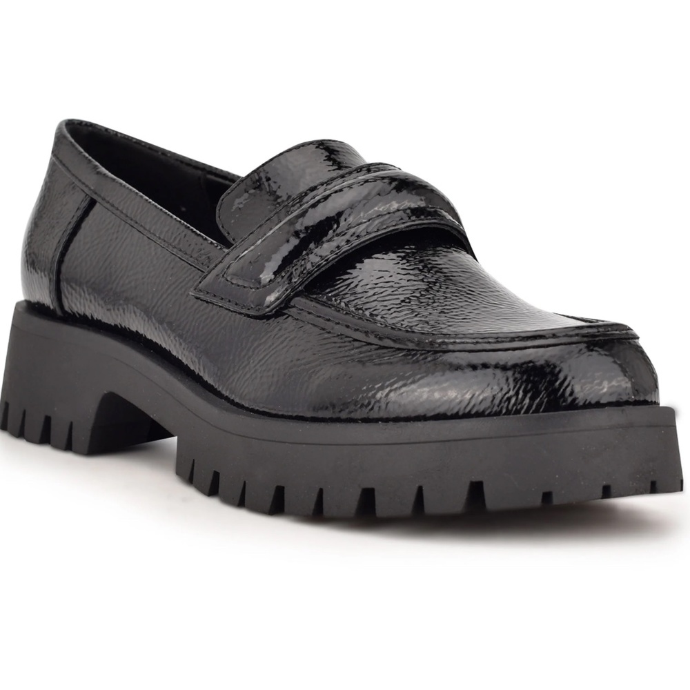 Nine West Black Patent Faux Leather Loafers - Garren Lug Sole Shoes 9 - Picture 1 of 4